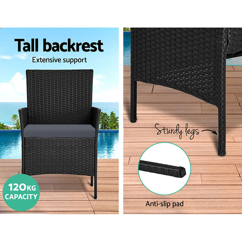 Gardeon 4 Seater Outdoor Wicker Furniture Setting with Glass Top Table & Storage Cover - Black - Cosy Abode