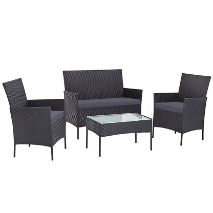 Gardeon 4 Seater Outdoor Wicker Furniture Setting with Glass Top Table - Dark Grey - Cosy Abode