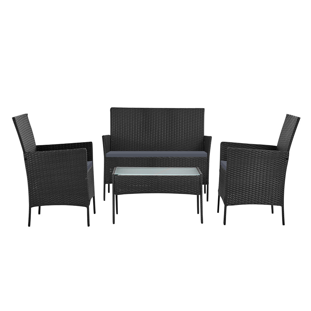 Gardeon 4 Seater Outdoor Wicker Furniture Setting with Glass Top Table - Dark Grey - Cosy Abode