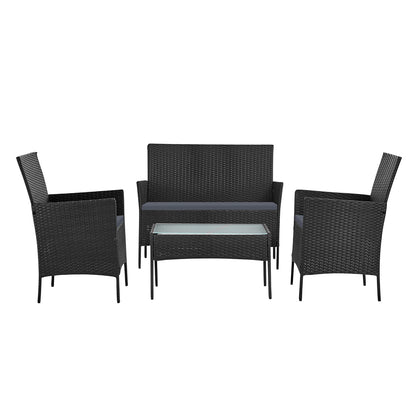 Gardeon 4 Seater Outdoor Wicker Furniture Setting with Glass Top Table - Dark Grey - Cosy Abode