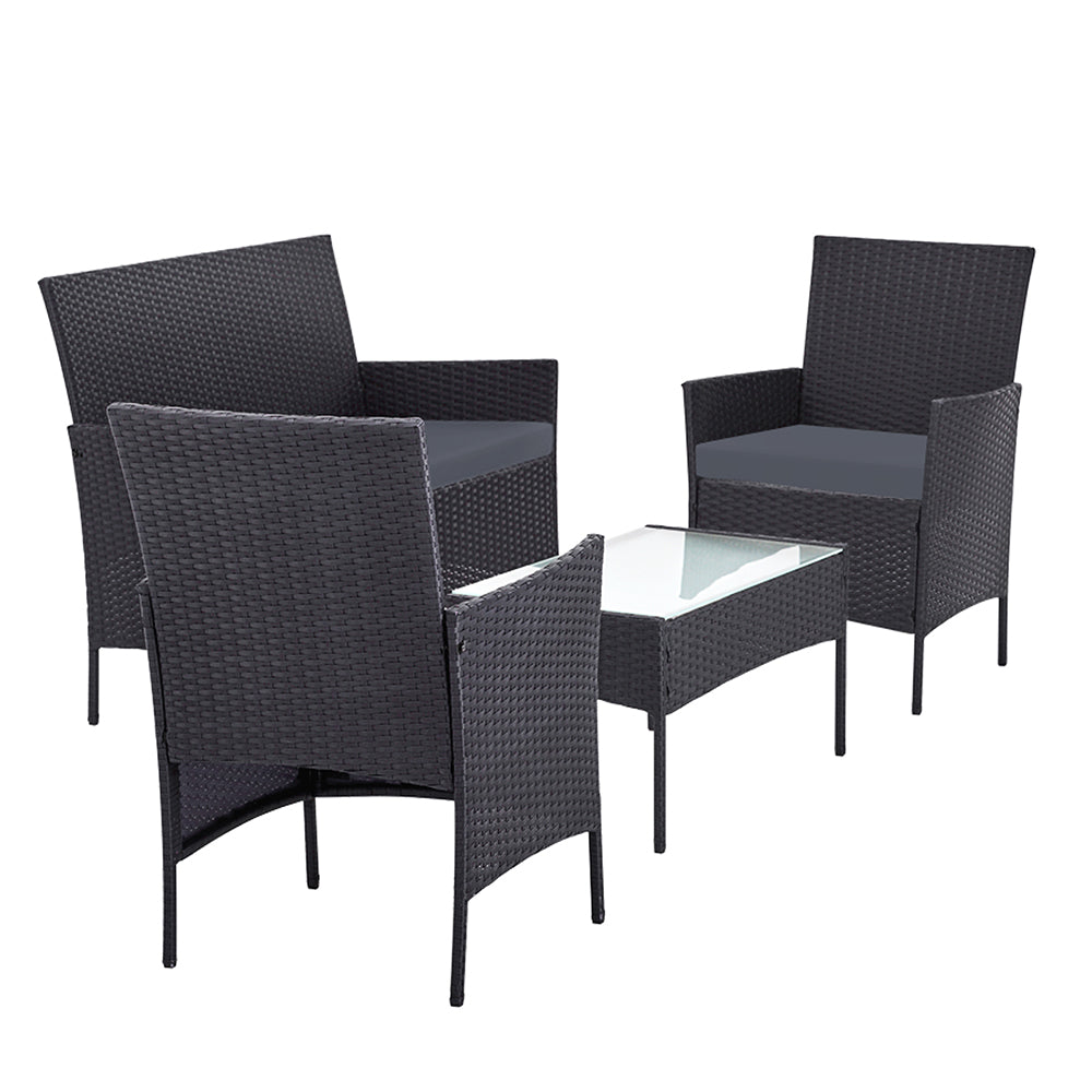 Gardeon 4 Seater Outdoor Wicker Furniture Setting with Glass Top Table - Dark Grey - Cosy Abode