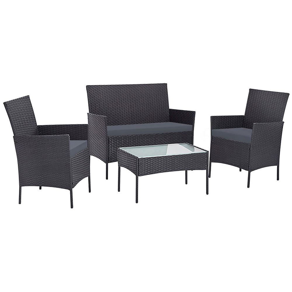 Gardeon 4 Seater Outdoor Wicker Furniture Setting with Glass Top Table & Storage Cover - Dark Grey - Cosy Abode