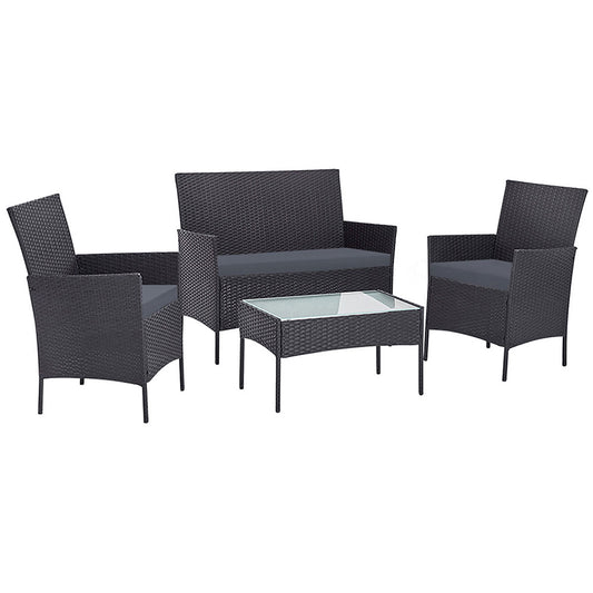 Gardeon 4 Seater Outdoor Wicker Furniture Setting with Glass Top Table & Storage Cover - Dark Grey - Cosy Abode