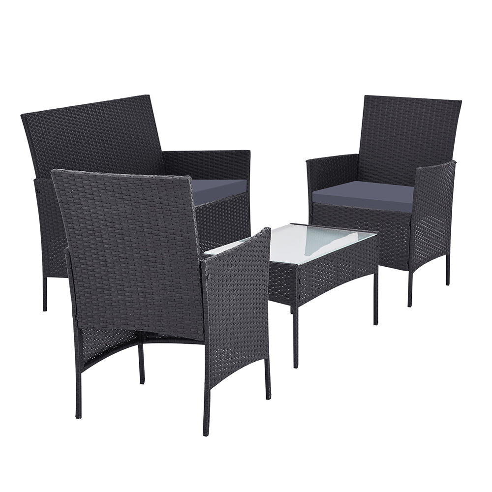 Gardeon 4 Seater Outdoor Wicker Furniture Setting with Glass Top Table & Storage Cover - Dark Grey - Cosy Abode