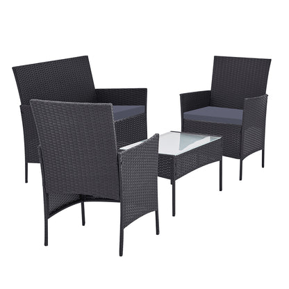Gardeon 4 Seater Outdoor Wicker Furniture Setting with Glass Top Table & Storage Cover - Dark Grey - Cosy Abode