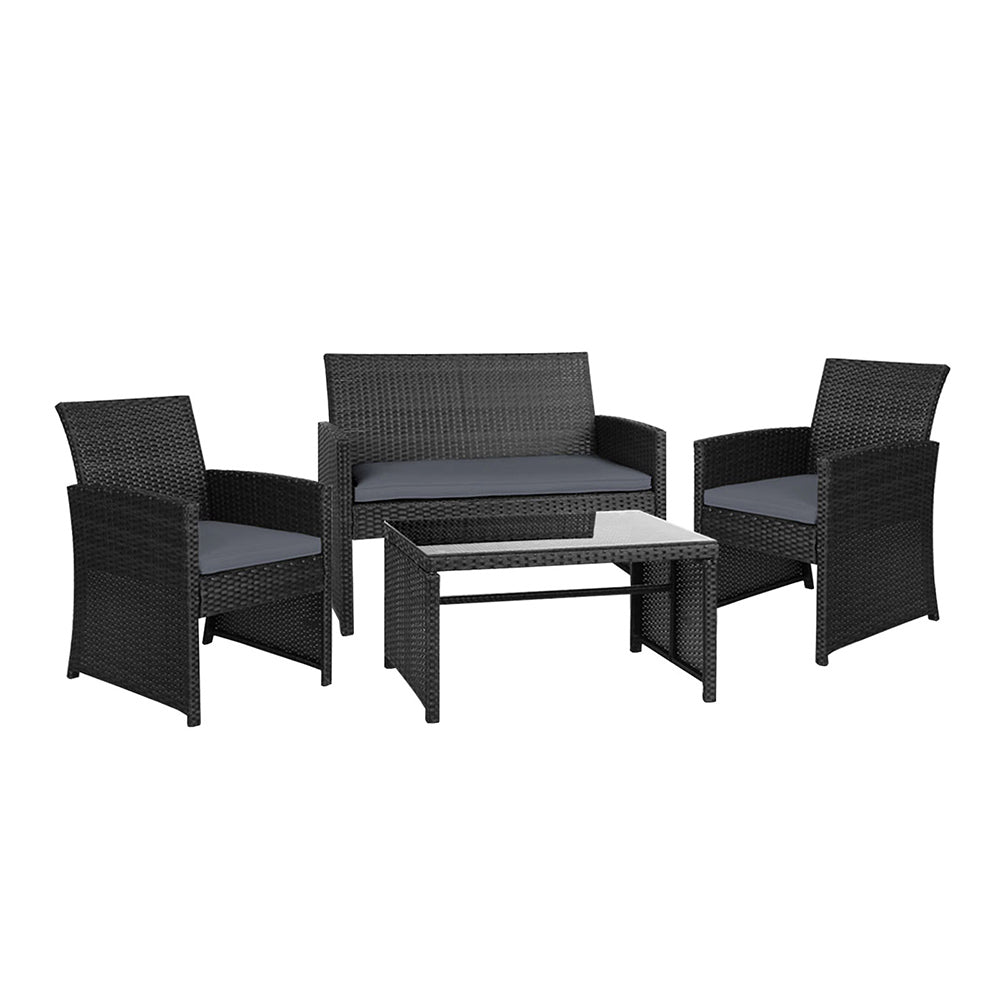 Gardeon 4 PCS Outdoor Sofa Set Rattan Chair Table Setting Garden Furniture - Black - Cosy Abode