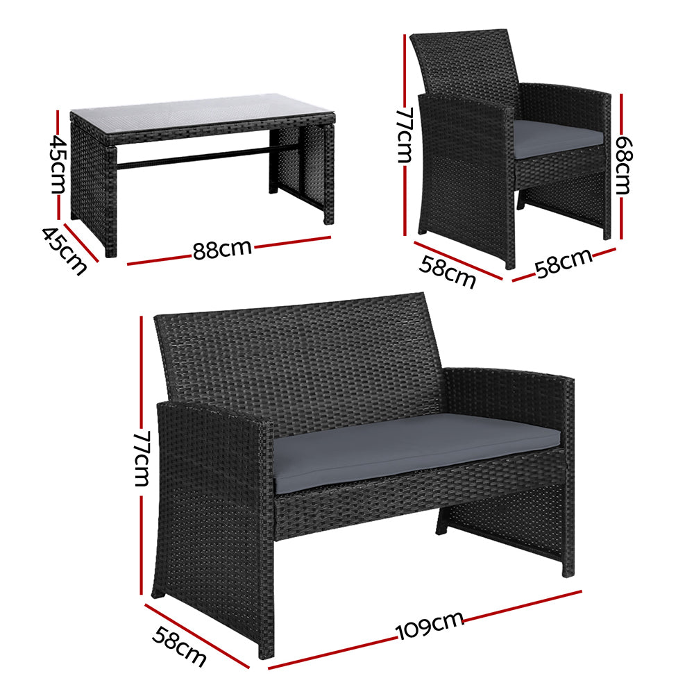 Gardeon 4 PCS Outdoor Sofa Set Rattan Chair Table Setting Garden Furniture - Black - Cosy Abode