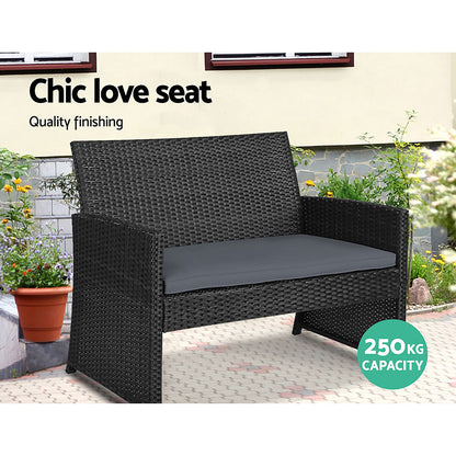 Gardeon 4 PCS Outdoor Sofa Set Rattan Chair Table Setting Garden Furniture - Black - Cosy Abode