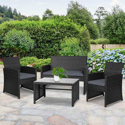 Gardeon 4 PCS Outdoor Sofa Set Rattan Chair Table Setting Garden Furniture - Black - Cosy Abode