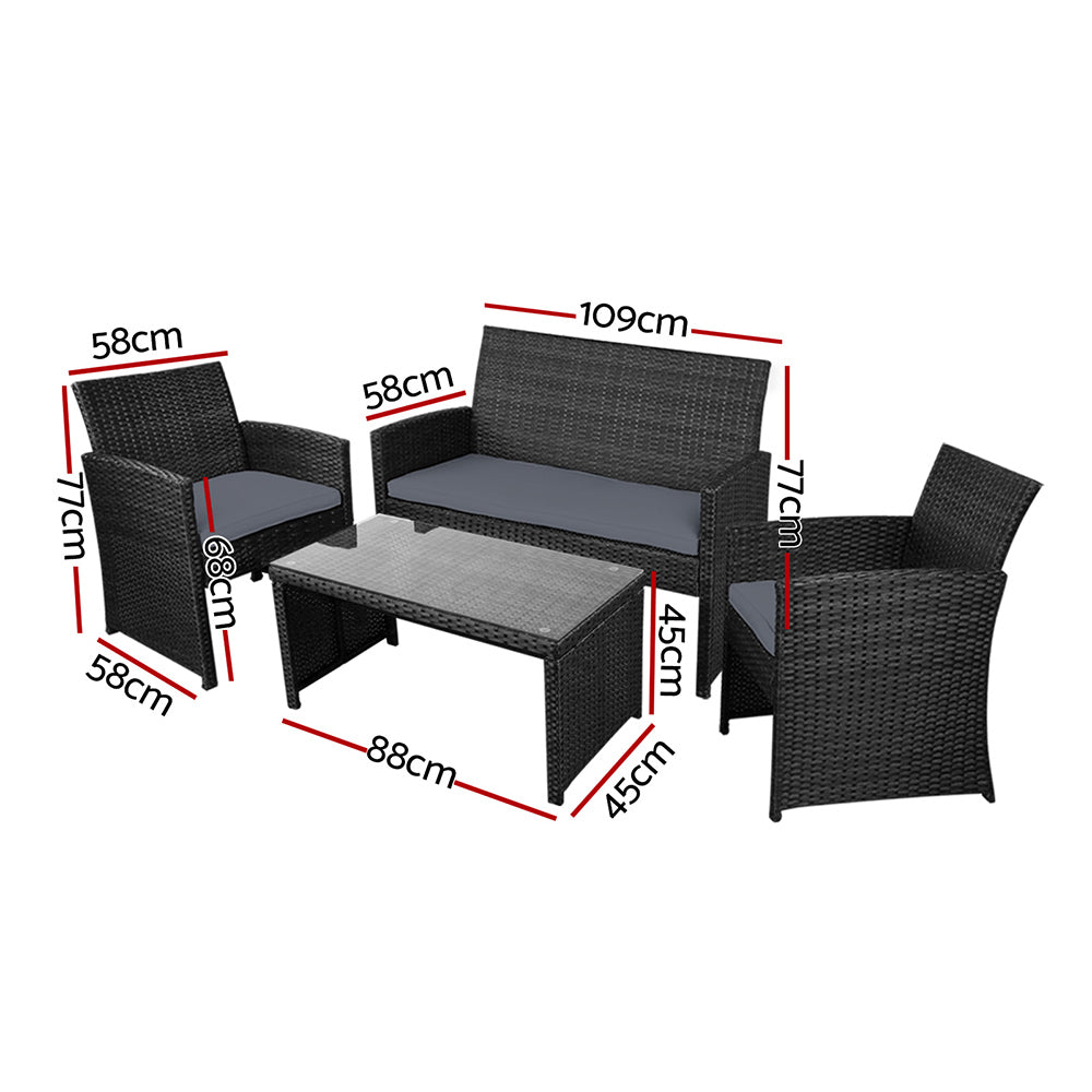 Gardeon 4 PCS Outdoor Rattan Furniture Setting with Glass Top Table & Storage Cover - Black - Cosy Abode