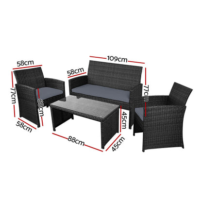 Gardeon 4 PCS Outdoor Rattan Furniture Setting with Glass Top Table & Storage Cover - Black - Cosy Abode
