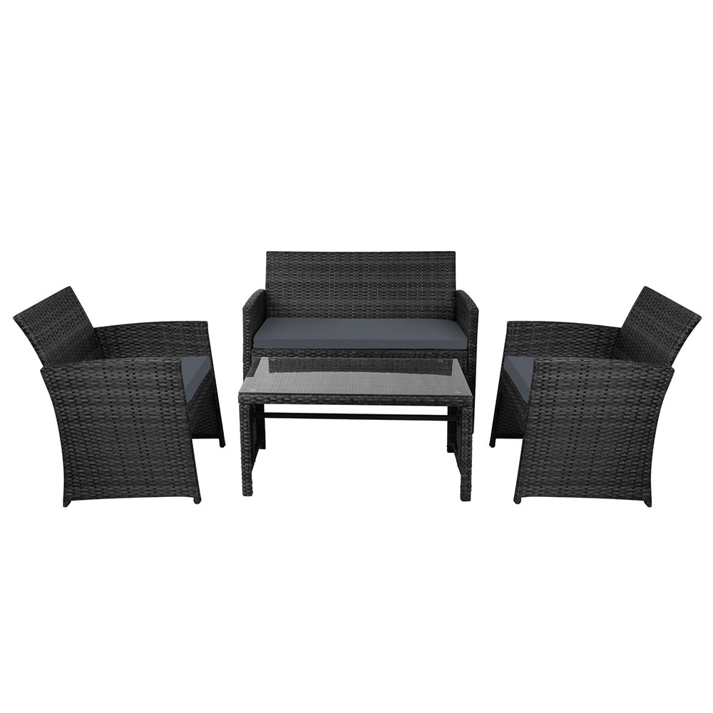 Gardeon 4 PCS Outdoor Rattan Furniture Setting with Glass Top Table & Storage Cover - Black - Cosy Abode