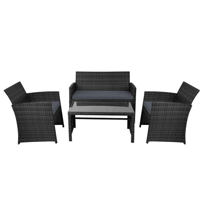 Gardeon 4 PCS Outdoor Rattan Furniture Setting with Glass Top Table & Storage Cover - Black - Cosy Abode