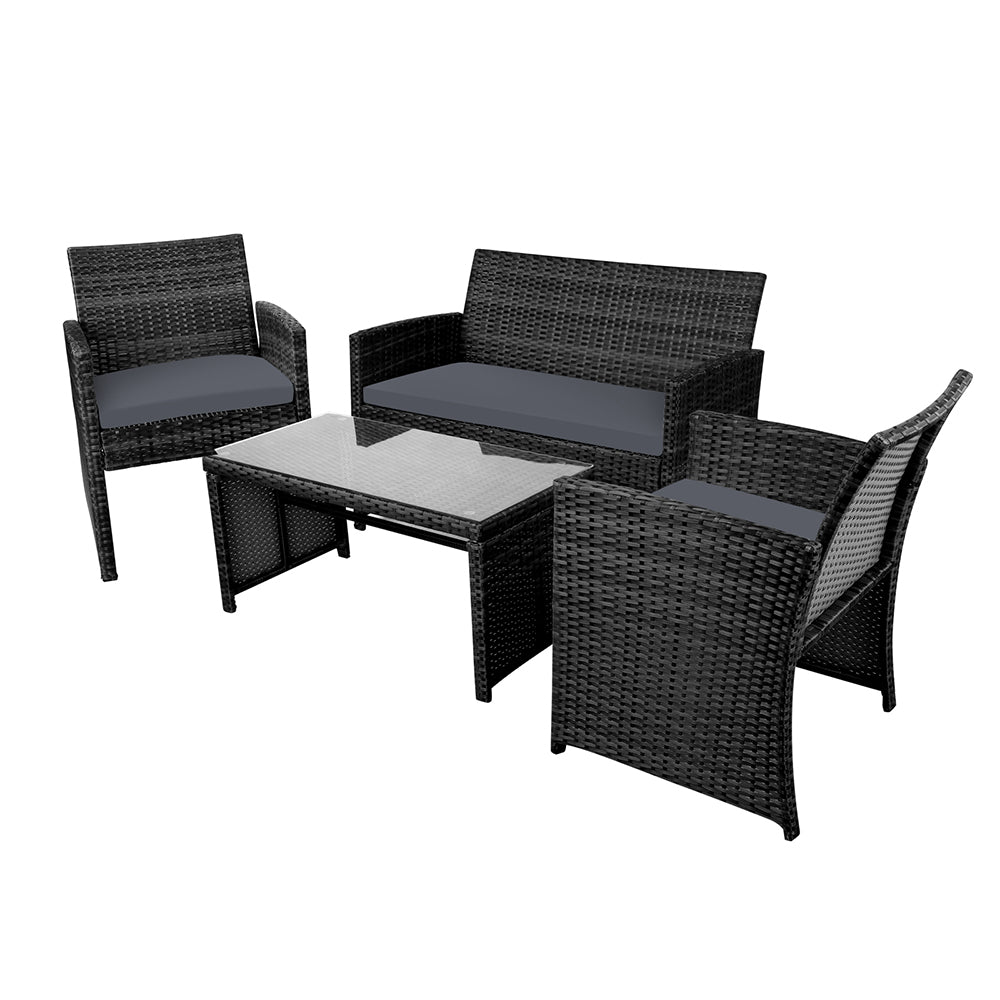 Gardeon 4 PCS Outdoor Rattan Furniture Setting with Glass Top Table & Storage Cover - Black - Cosy Abode