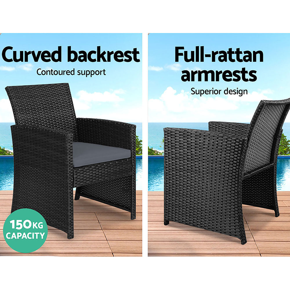 Gardeon 4 PCS Outdoor Rattan Furniture Setting with Glass Top Table & Storage Cover - Black - Cosy Abode