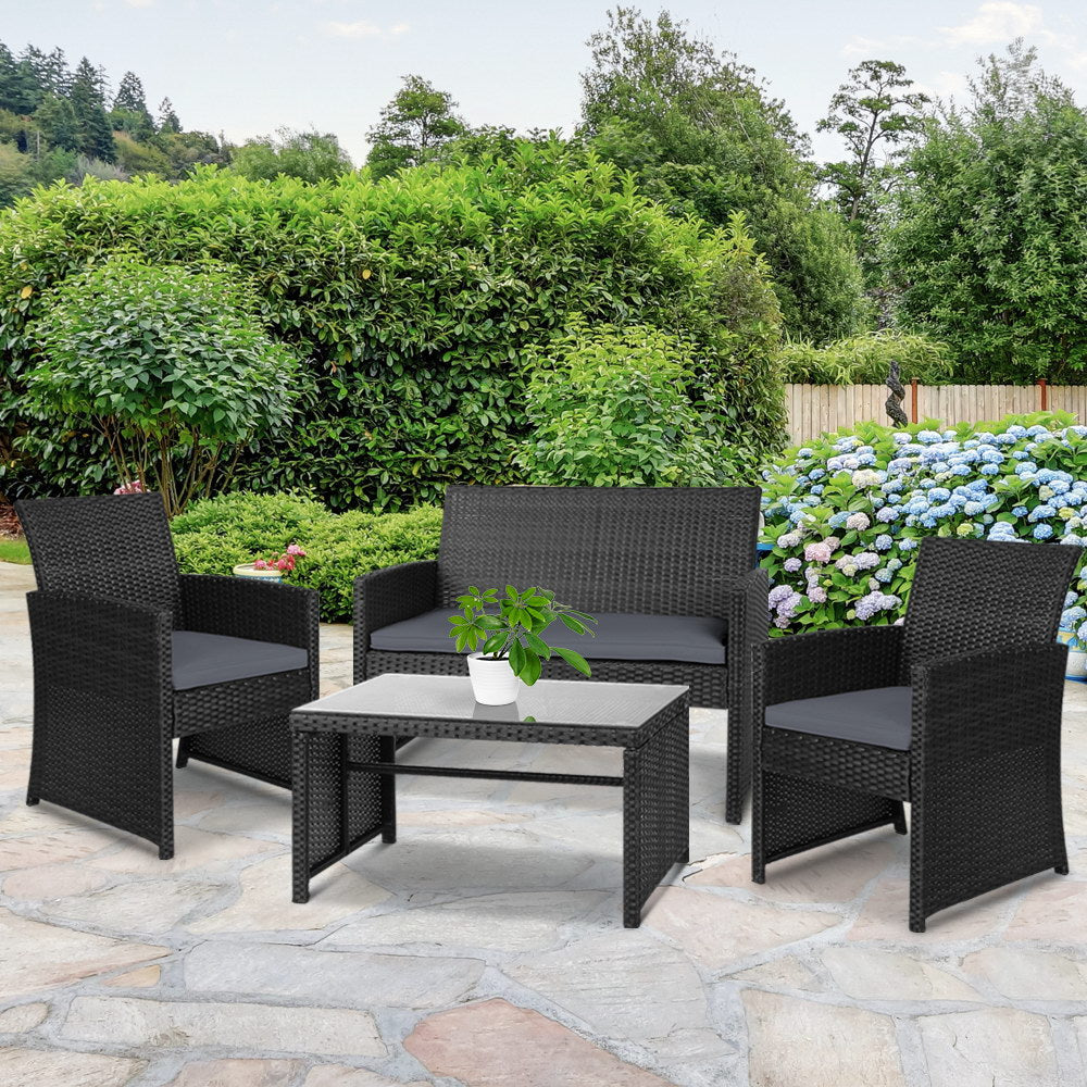 Gardeon 4 PCS Outdoor Rattan Furniture Setting with Glass Top Table & Storage Cover - Black - Cosy Abode