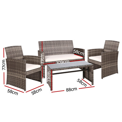 Gardeon 4 PCS Outdoor Sofa Set Rattan Chair Table Setting Garden Furniture - Grey - Cosy Abode
