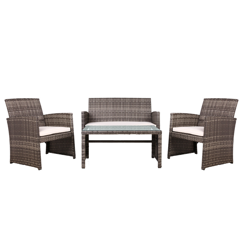 Gardeon 4 PCS Outdoor Sofa Set Rattan Chair Table Setting Garden Furniture - Grey - Cosy Abode
