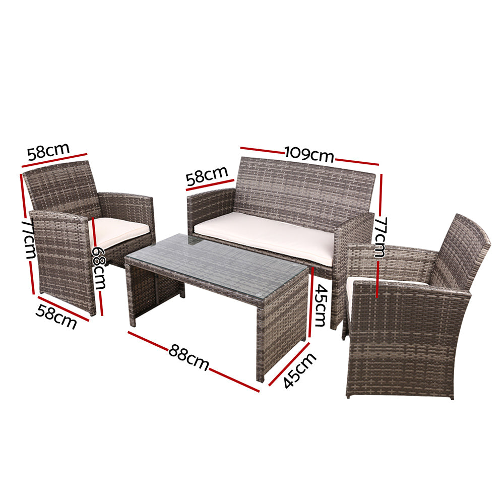 Gardeon 4 PCS Outdoor Rattan Furniture Setting with Glass Top Table & Storage Cover - Grey - Cosy Abode