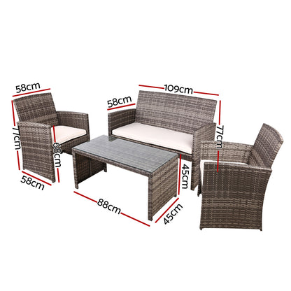 Gardeon 4 PCS Outdoor Rattan Furniture Setting with Glass Top Table & Storage Cover - Grey - Cosy Abode