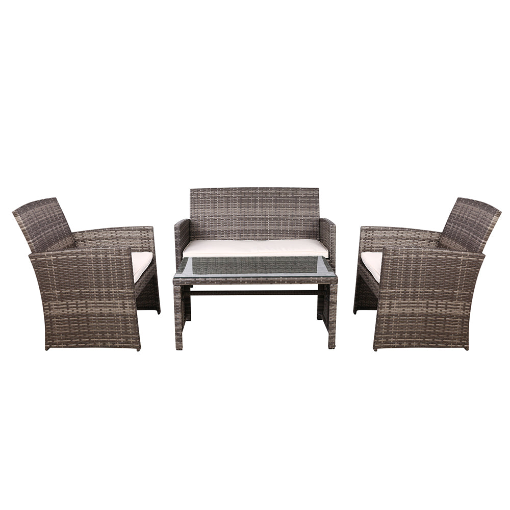 Gardeon 4 PCS Outdoor Rattan Furniture Setting with Glass Top Table & Storage Cover - Grey - Cosy Abode