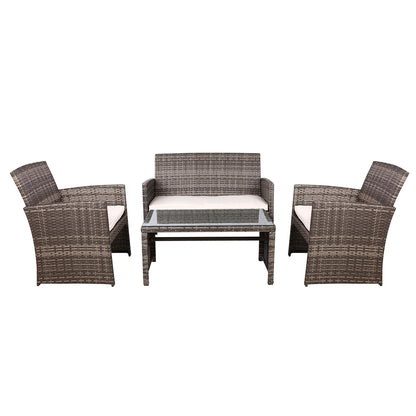 Gardeon 4 PCS Outdoor Rattan Furniture Setting with Glass Top Table & Storage Cover - Grey - Cosy Abode
