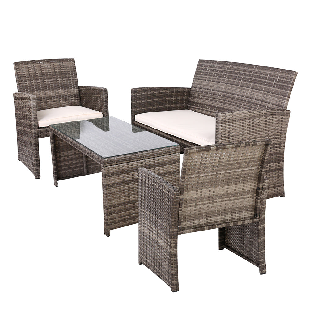 Gardeon 4 PCS Outdoor Rattan Furniture Setting with Glass Top Table & Storage Cover - Grey - Cosy Abode