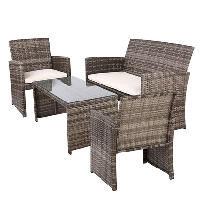 Gardeon 4 PCS Outdoor Rattan Furniture Setting with Glass Top Table & Storage Cover - Grey - Cosy Abode