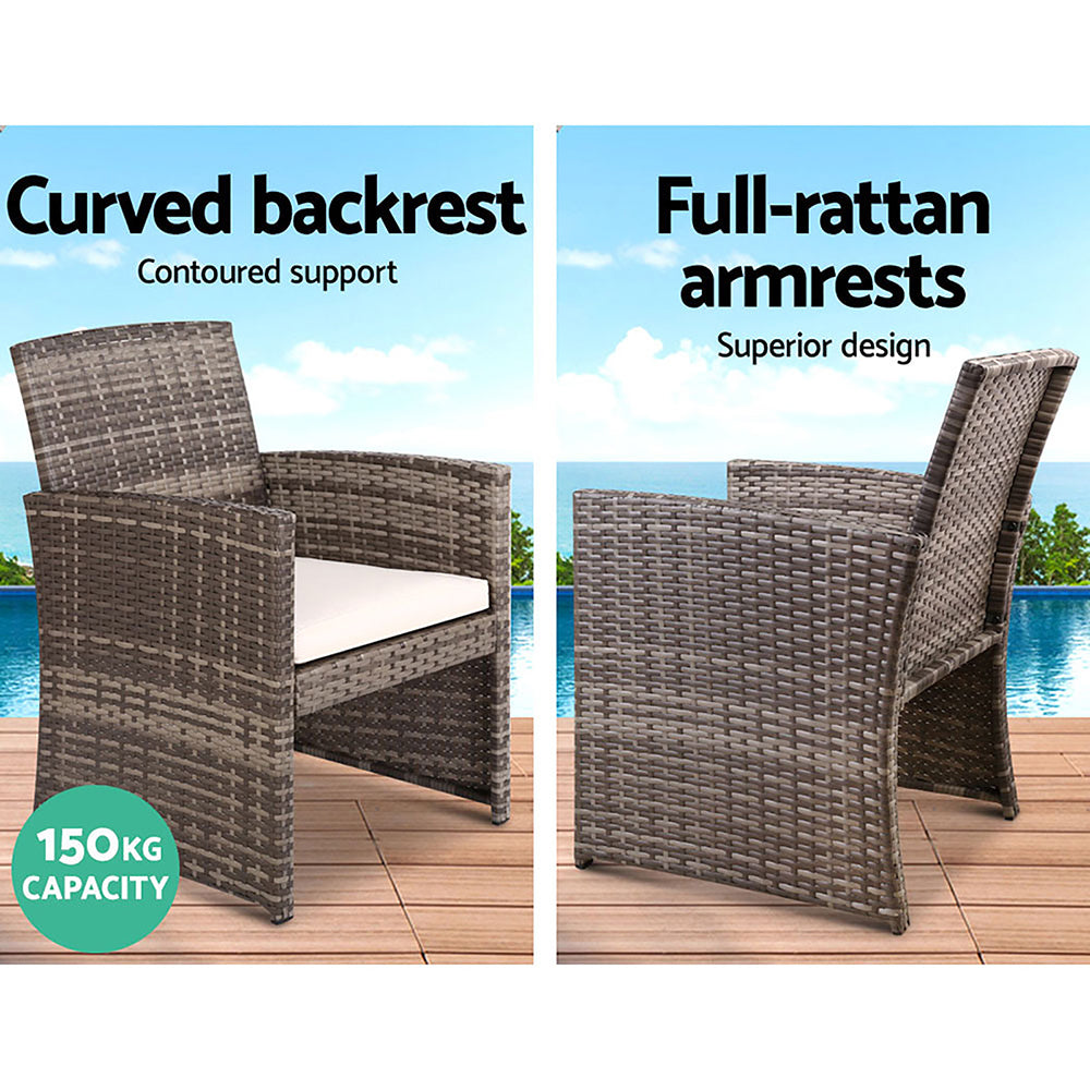 Gardeon 4 PCS Outdoor Rattan Furniture Setting with Glass Top Table & Storage Cover - Grey - Cosy Abode