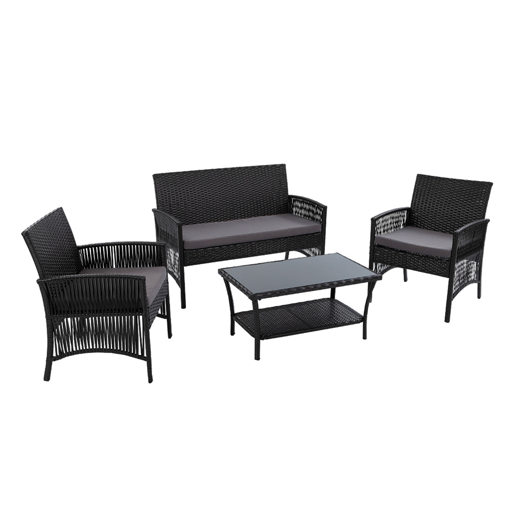 Gardeon 4PCS Outdoor Sofa Set Wicker Harp Chair Table Garden Furniture Black - Cosy Abode