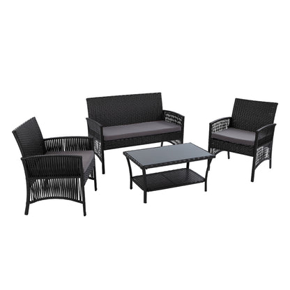 Gardeon 4PCS Outdoor Sofa Set Wicker Harp Chair Table Garden Furniture Black - Cosy Abode