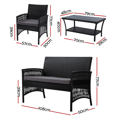 Gardeon 4PCS Outdoor Sofa Set Wicker Harp Chair Table Garden Furniture Black - Cosy Abode