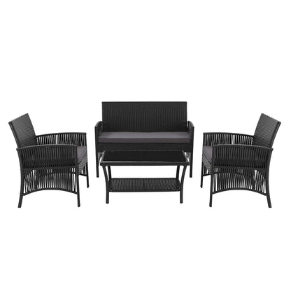 Gardeon 4PCS Outdoor Sofa Set Wicker Harp Chair Table Garden Furniture Black - Cosy Abode
