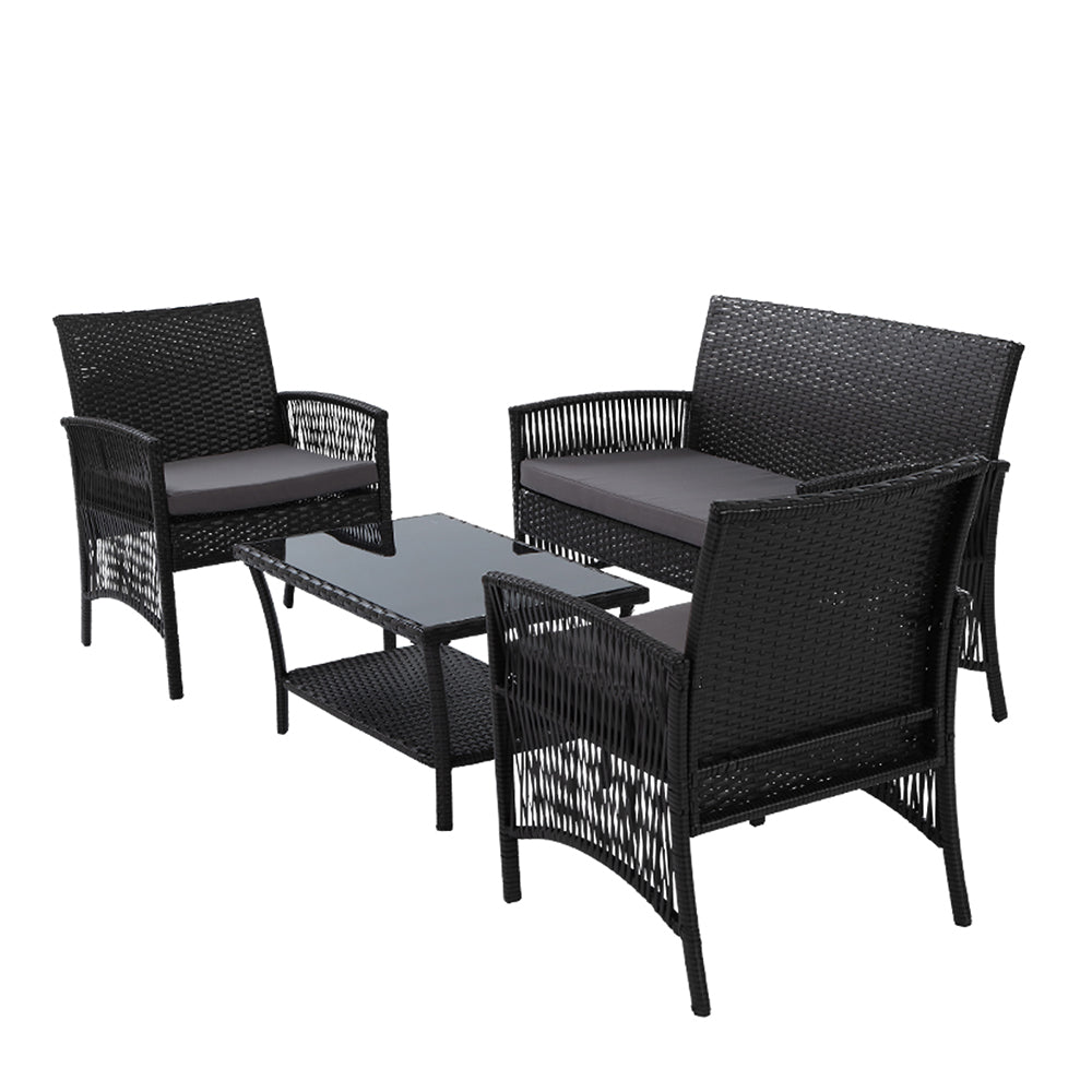 Gardeon 4PCS Outdoor Sofa Set Wicker Harp Chair Table Garden Furniture Black - Cosy Abode