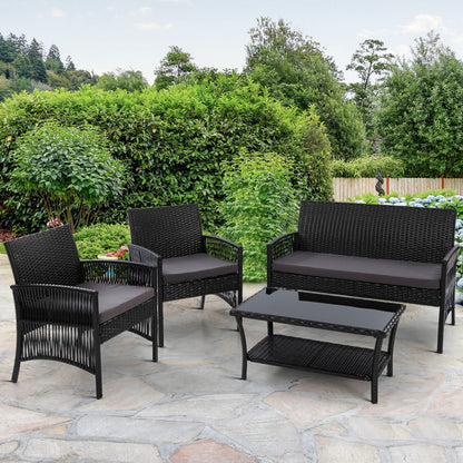 Gardeon 4PCS Outdoor Sofa Set Wicker Harp Chair Table Garden Furniture Black - Cosy Abode