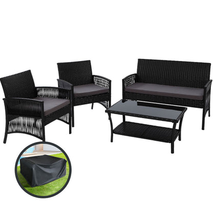 Gardeon 4 Pc Wicker Outdoor Furniture Setting with Glass Top Table & Storage Cover - Black - Cosy Abode