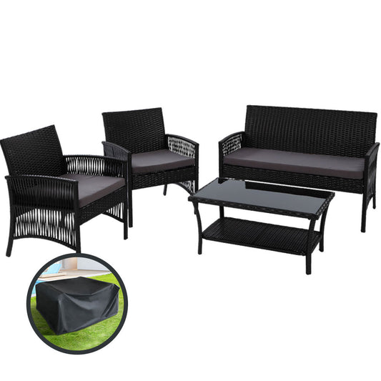Gardeon 4 Pc Wicker Outdoor Furniture Setting with Glass Top Table & Storage Cover - Black - Cosy Abode