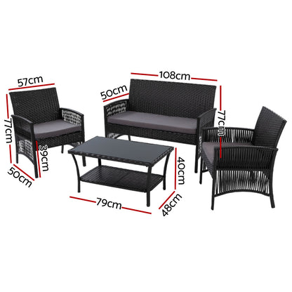 Gardeon 4 Pc Wicker Outdoor Furniture Setting with Glass Top Table & Storage Cover - Black - Cosy Abode