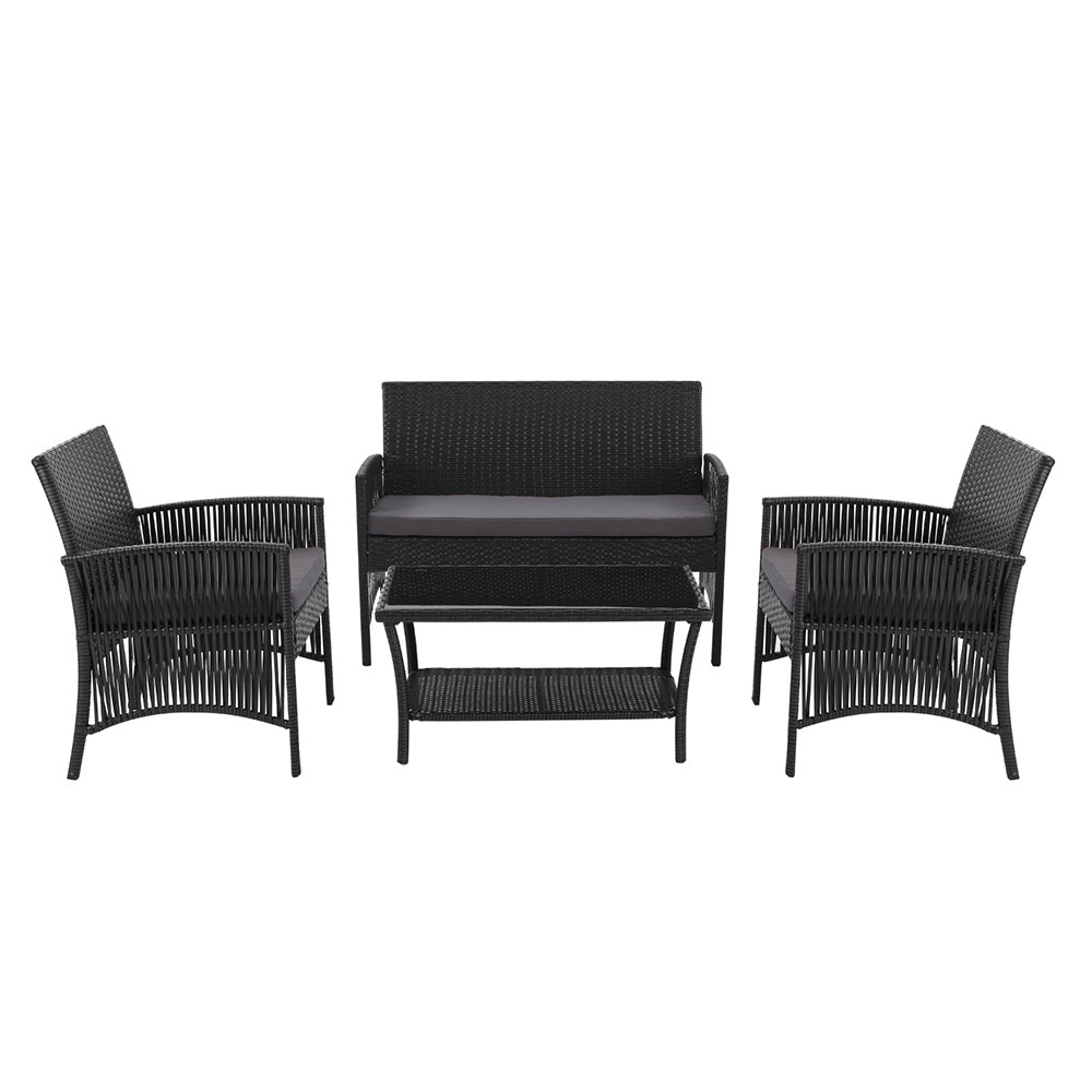 Gardeon 4 Pc Wicker Outdoor Furniture Setting with Glass Top Table & Storage Cover - Black - Cosy Abode