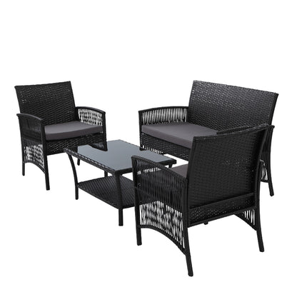 Gardeon 4 Pc Wicker Outdoor Furniture Setting with Glass Top Table & Storage Cover - Black - Cosy Abode