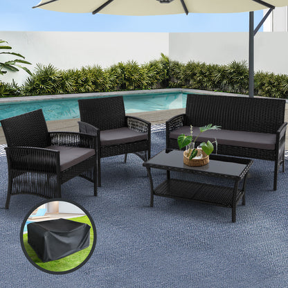 Gardeon 4 Pc Wicker Outdoor Furniture Setting with Glass Top Table & Storage Cover - Black - Cosy Abode