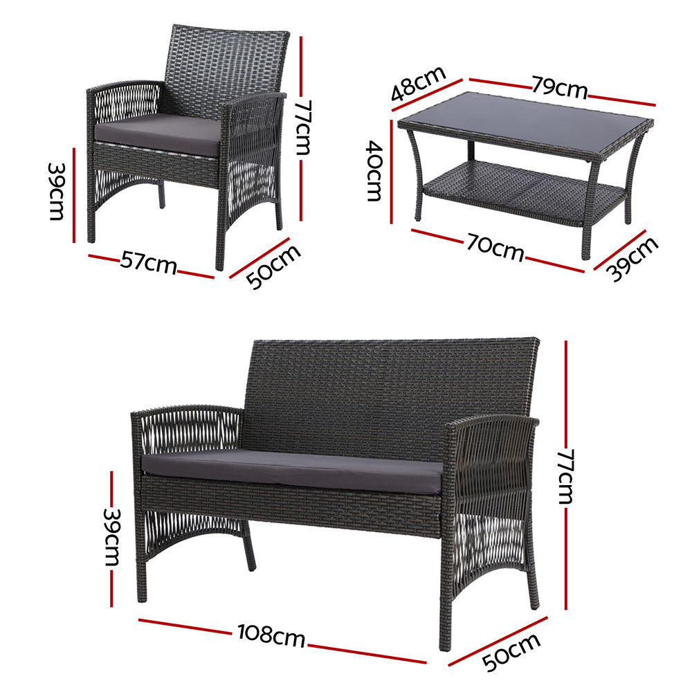 Gardeon 4PCS Outdoor Sofa Set Wicker Harp Chair Table Garden Furniture Grey - Cosy Abode