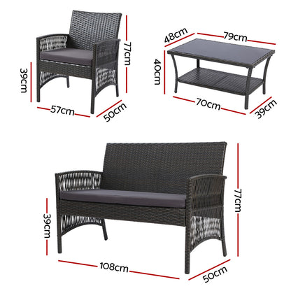 Gardeon 4PCS Outdoor Sofa Set Wicker Harp Chair Table Garden Furniture Grey - Cosy Abode
