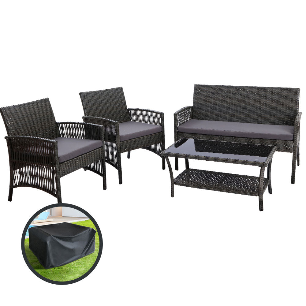 Gardeon 4 Pc Outdoor Wicker Furniture Setting with Glass Top Table & Storage Cover - Grey - Cosy Abode