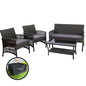 Gardeon 4 Pc Outdoor Wicker Furniture Setting with Glass Top Table & Storage Cover - Grey - Cosy Abode