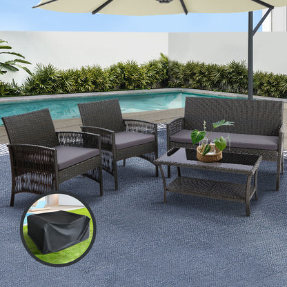 Gardeon 4 Pc Outdoor Wicker Furniture Setting with Glass Top Table & Storage Cover - Grey - Cosy Abode