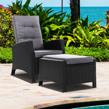 Gardeon Recliner Chair Sun lounge Wicker Lounger Outdoor Patio Furniture Adjustable Black - Cosy Abode
