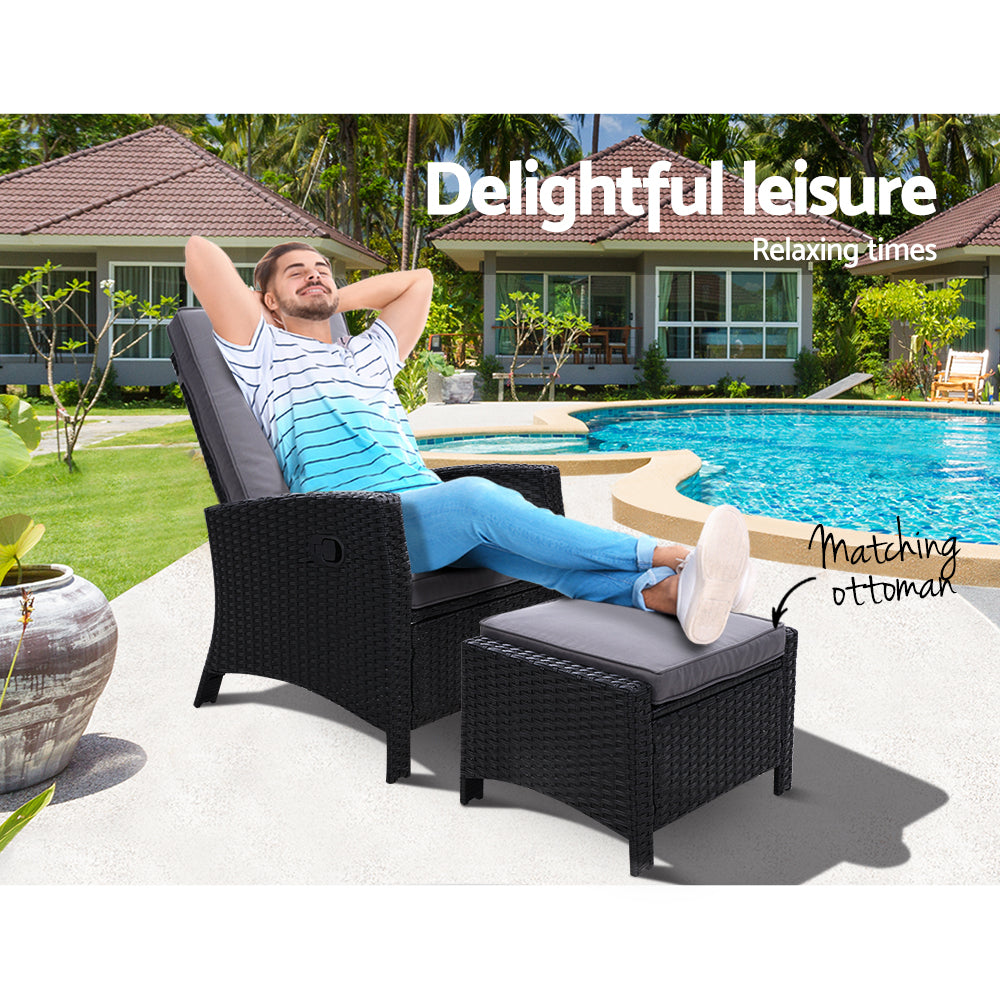 Gardeon Recliner Chair Sun lounge Wicker Lounger Outdoor Patio Furniture Adjustable Black - Cosy Abode