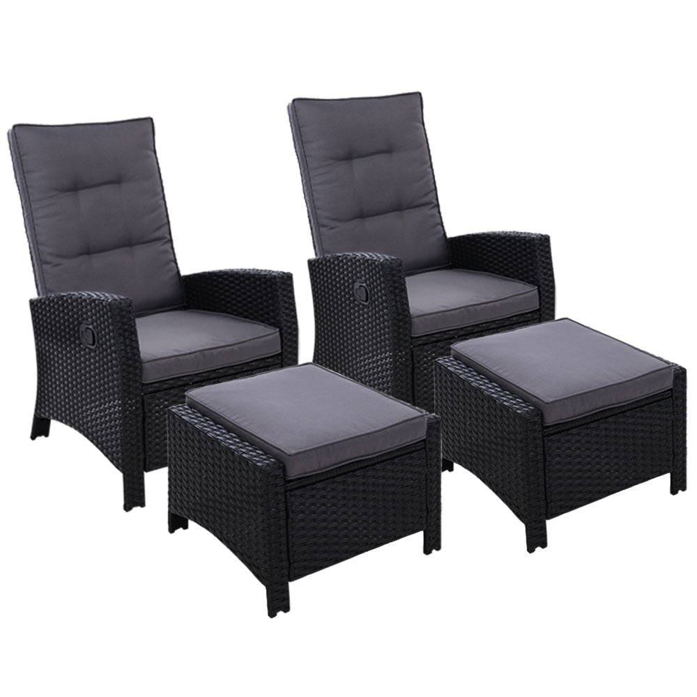 Gardeon 2PC Recliner Chairs Sun lounge Wicker Lounger Outdoor Furniture Adjustable Black - Cosy Abode