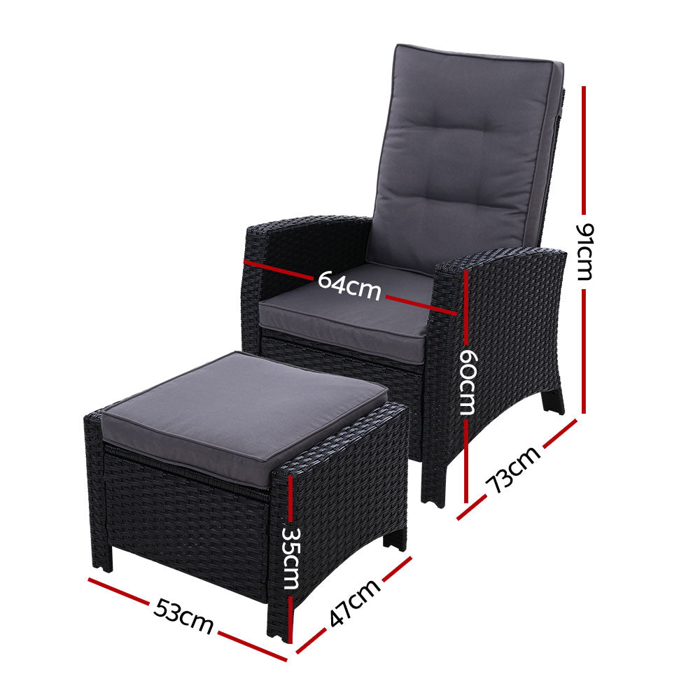 Gardeon 2PC Recliner Chairs Sun lounge Wicker Lounger Outdoor Furniture Adjustable Black - Cosy Abode
